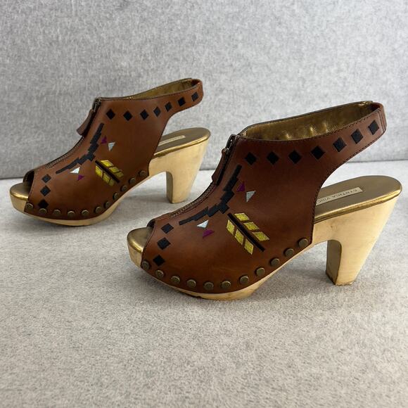 Cynthia Vincent Aztec Leather Platform Clog Sandal-Brown -Wood Heel-Women Size 8 - Picture 6 of 11